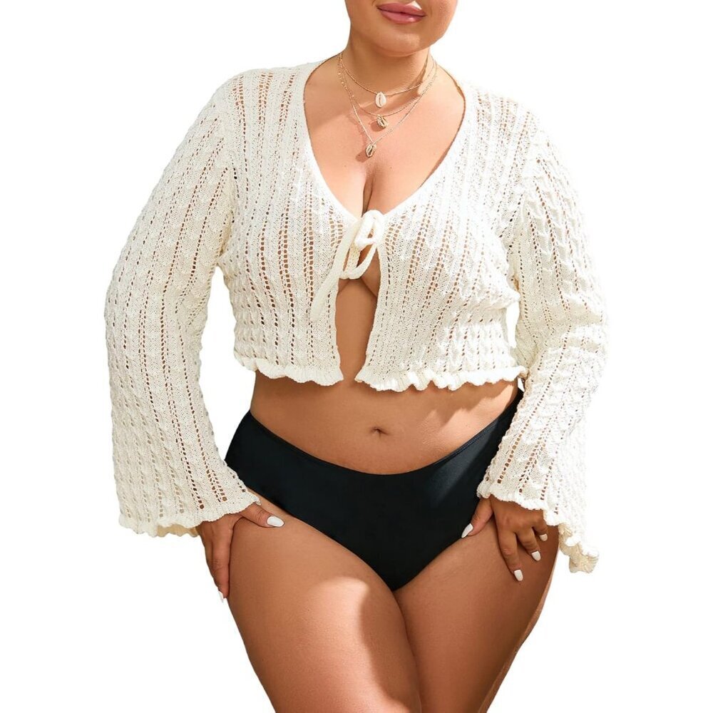 Women's Plus Size Knit Crop Cardigan V Neck Flounce Sleeve Tie Front
